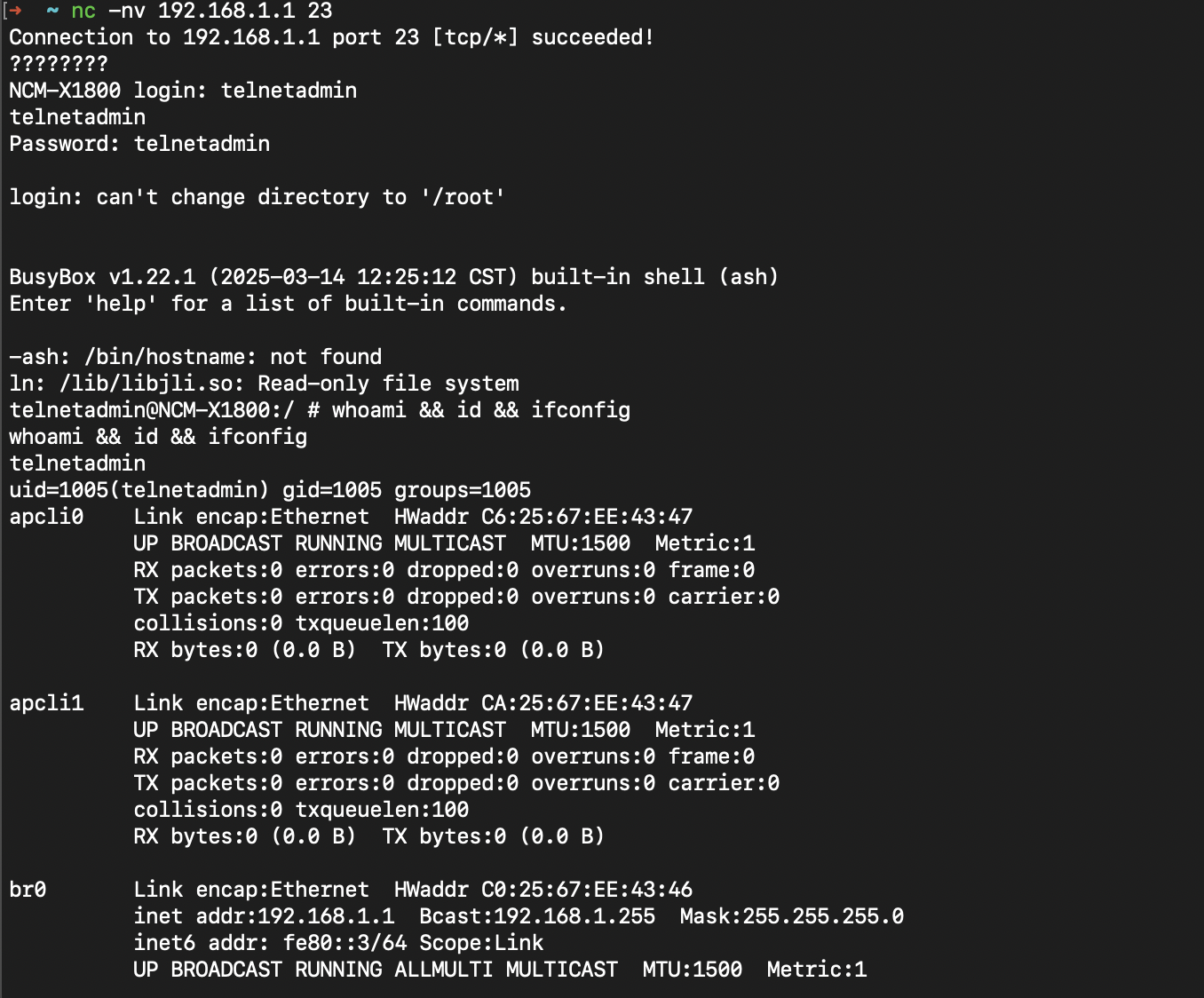 Telnet Access Screenshot